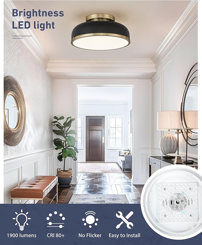 Kudos Ceiling Light, 12-inch LED Flush Mount Ceiling Light, Black and Gold Finish, 24W/1100lm Light Fixtures ceiling mount for Living Room, Bedroom, 3000K/3700K/4500K/5100K/6000K Adjustbale, KDCL15-BK