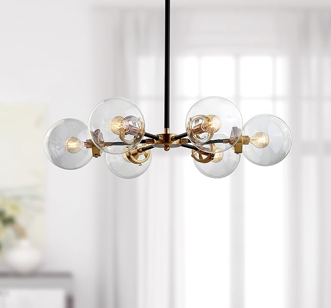 JONATHAN Y 28" Black/Brass Gold Modern 6-Light Cluster Pendant Chandelier, Clear Glass Shade Hanging Fixture for Kitchen Island Dining Room, LED Bulbs Included, Dimmable JYL9015A