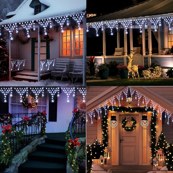 (New) Christmas Curtain Lights, 13.8ft 218 LED Outdoor Christmas Lights, Icicle Lights with 12 Drop Stars for Curtain, Indoor, Garden, Patio, Wedding, Xmas, Home Decoration - White