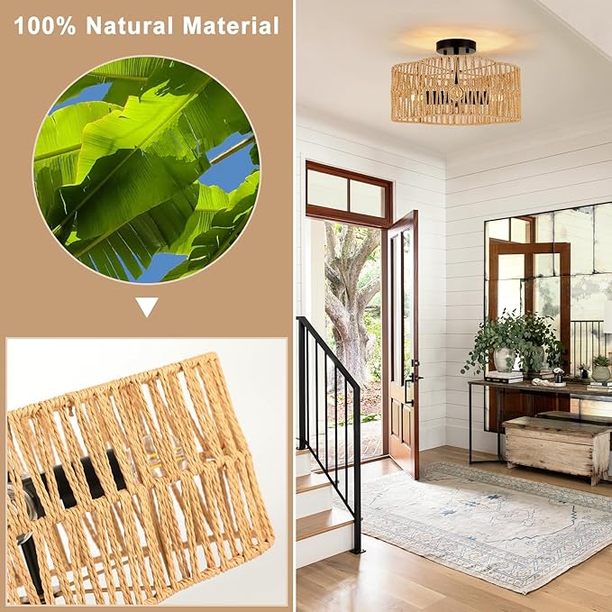 13.4" Boho Light Fixtures Flush Mount,Modern 4-Light Rattan Ceiling Light Fixtures,Flower-Shaped Close to Ceiling Light Fixture for Bedroom Nursery Hallway Kichen Room