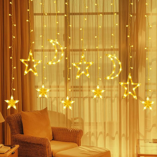 Fussion Star and Moon Ramadan Lights 11.48ft, 138 LEDs Ramadan Curtain String Lights Decorations for Home with Remote, 8 Modes, Battery Operated Fairy Lights Window Lights for Indoor Outdoor Holiday