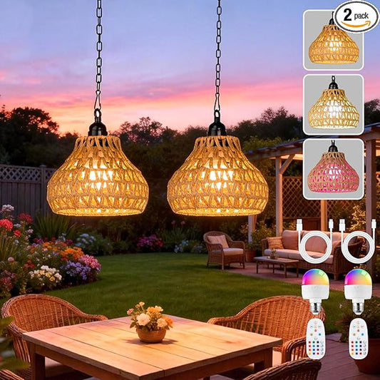 Rechargeable Hanging Pendant Lights, 2 Pack Battery Operated Outdoor Chandelier with Remote, No Wiring for Outdoor Patio, Gazebo, Porch Decor