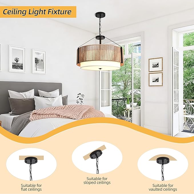 19.7" 4-Light Boho Pendant Light Fixture Rattan Chandelier, Hand Woven Farmhouse Chandelier for Dining Room Pendant Light for Kitchen Island, Bedroom, Dining & Living Room