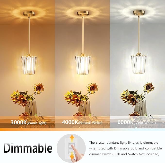 Crystal Pendant Lights Kitchen Island 2 Pack, Modern Gold Pendant Light Fixtures Mini Adjustable Chandeliers for Kitchen Island Dinning Room Bedroom Hallway with E26 Base (Bulbs Not Included)