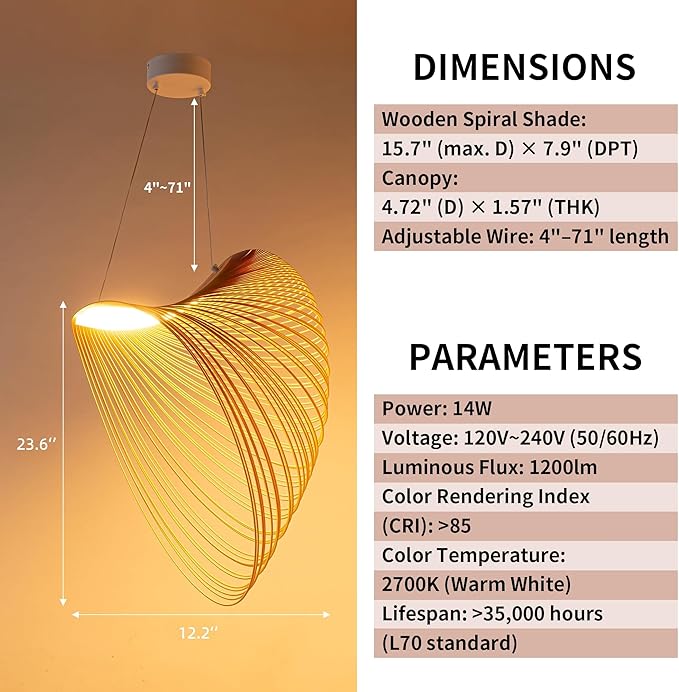 Modern Creative Dynamic Pendant Light, 23.6‘’ Farmhouse Wooden Gravity Spiral Ceiling Mount Hanging Lamp, 20W, 1800LM, Warm White LED Chandelier for Living Room, Dining Room, Cafes, Decor(White)