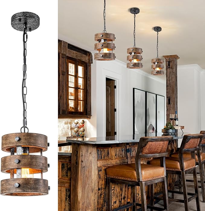 Farmhouse Wood Pendant Lights Kitchen Island, Dining Room Lighting Fixtures Over Table, Rustic Chandelier, Height Adjustable Hallway Light for Foyer Living Room Bar Restaurant
