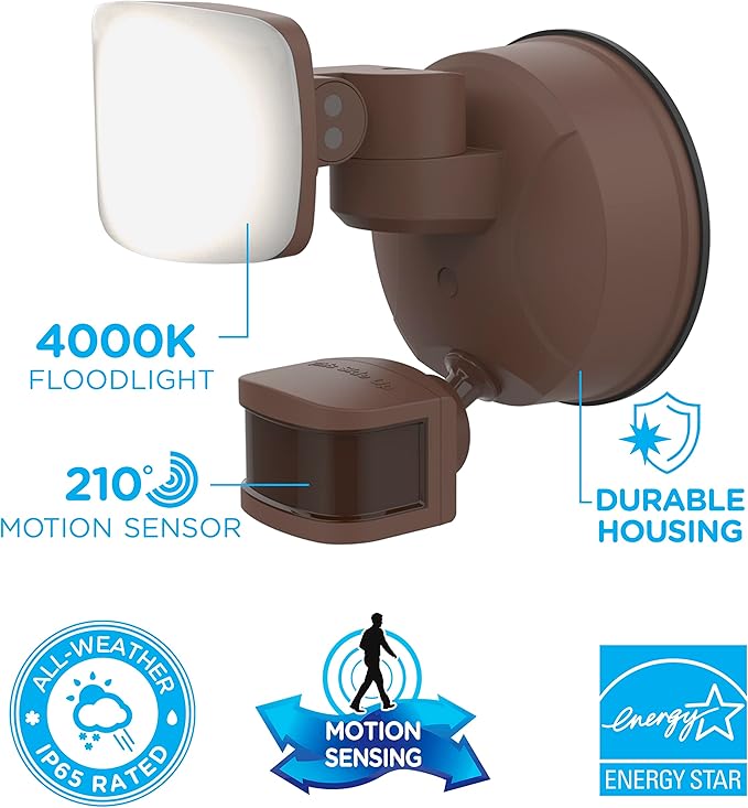 Enbrighten VIBE Smart LED Security Light, Motion Activated, Single Head, ETL Listed, UV Resistant, 1400 Lumens, 4000K, Compatible with Alexa, Google Home, Bronze, 58186
