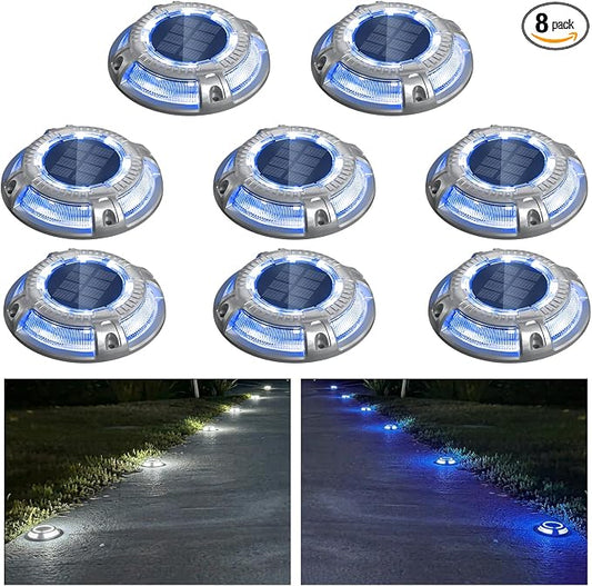 addlon Solar Driveway Lights Outdoor 8 Pack, 2 Color Modes LED Deck Dock Marine Waterproof Driveway Marker Lights for Step Sidewalk Stair Garden Pathway Walkway Yard (Blue Light/Cool White)