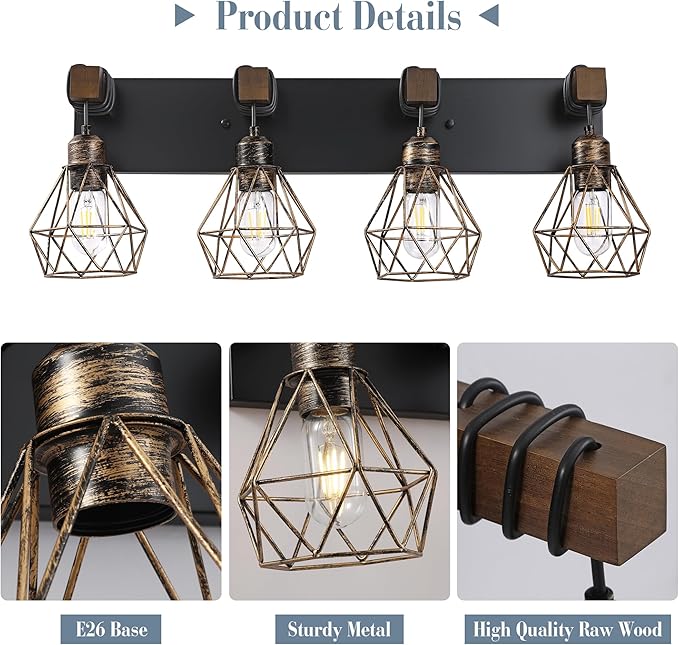 Black Gold Farmhouse Bathroom Light Fixtures, 4-Light Bathroom Lighting Fixtures Over Mirror, Rustic Wood Vanity Lights Wall Sconces with Metal Lampshade for Living Room