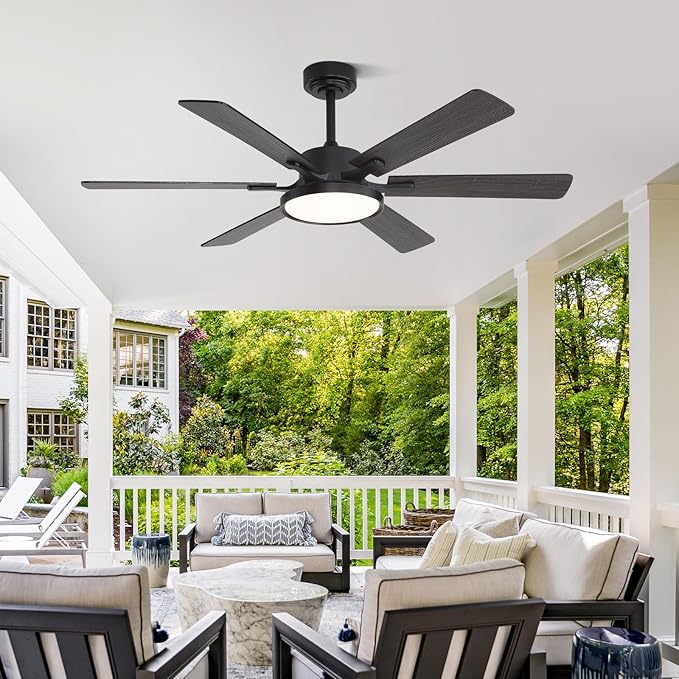 52in Black Low Profile Ceiling Fan with Light, Remote Control, 6 Blades, Dimmable LED, Flush Mount, Reversible, 6 Speeds, Ultra Quiet, Indoor Use, Bonus Wall Switch, Outdoor Rated