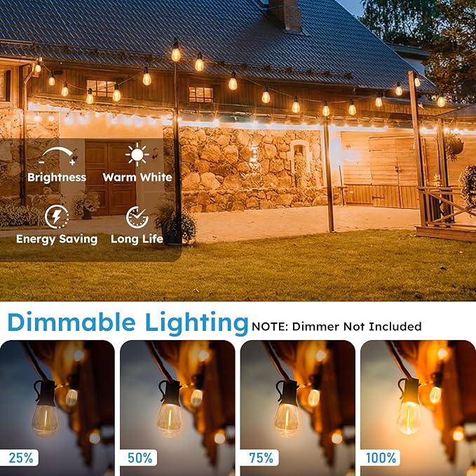 GvvooHome S11 LED Outdoor String Lights 100FT, Shatterproof & Waterproof Patio Lights with 32 Plastic Bulbs for Porch, Deck, Garden, Backyard, Balcony, 2700K Dimmable