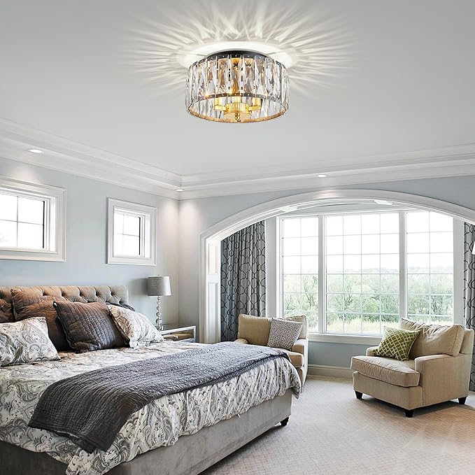 K9 Crystal Ceiling Light, 3-Light Modern Flush Mount Ceiling Light Fixture for Living Room, Dinning Room Hallway, D12 × H6 inch, Black & Gold Finish Frame & K9 Crystal