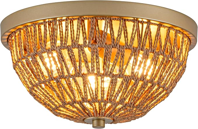 Gold Rattan Ceiling Light, 3 Light Boho Light Fixture with Drum Shape, Woven Flush Mount Ceiling Light for Entryway, Hallway, Bedroom, Kitchen