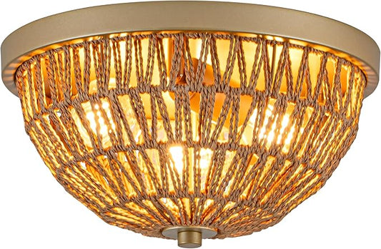 Gold Rattan Ceiling Light, 3 Light Boho Light Fixture with Drum Shape, Woven Flush Mount Ceiling Light for Entryway, Hallway, Bedroom, Kitchen
