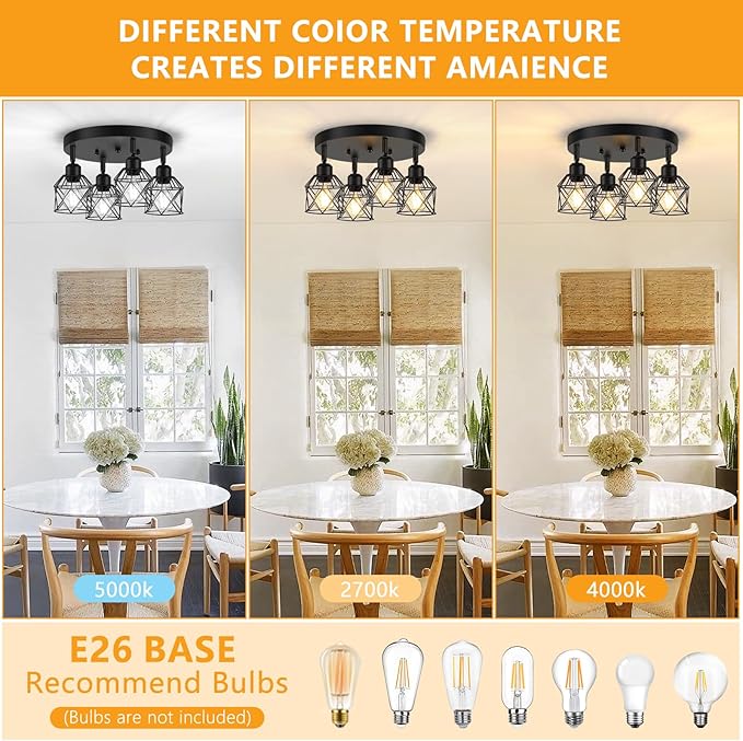 4-Light Kitchen Light Fixtures Ceiling Mount, Adjustable Multi-Directional Black Flush Mount Ceiling Light Fixture, Farmhouse Metal Cage Ceiling Lights for Dining Room Entryway Hallway