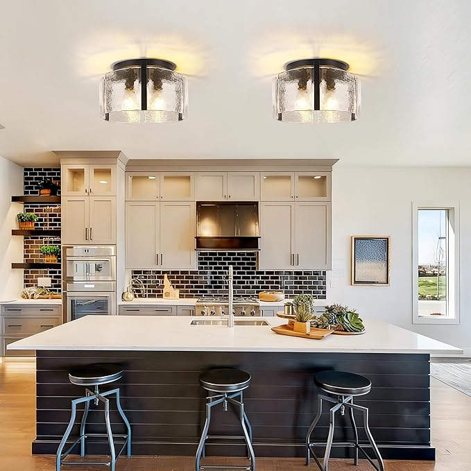 Black Semi Flush Mount Ceiling Light,Farmhouse Kitchen Light Fixture,3-Light Modern Glass Close to Ceiling Lights for Hallway Entryway Dining Room Foyer Bedroom Laundry,15 Inch