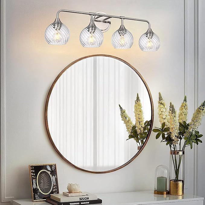 MELUCEE Bathroom Vanity Light Brushed Nickel 4 Lights with Clear Striped Swirl Glass Shade, 33" Vanity Lighting Fixtures Over Mirror Modern Bathroom Wall Lights for Powder Room Kitchen Foyer