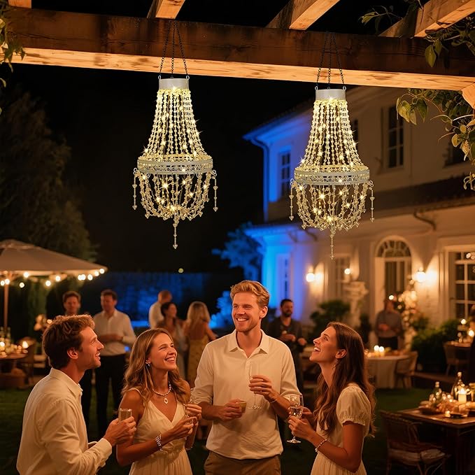 Hanging Solar Lantern Outdoor Chandelier, Waterproof Modern Crystal Acrylic Pendant Light with Warm White LED S Hook Gifts for Women Garden Decor Light for Gazebo, Patio, Yard, Party, Wedding