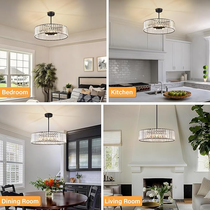 Black Crystal Ceiling Light Fixture, Modern Semi Flush Chandelier, Round Hanging Lighting Chandeliers for Dining Room, Kitchen, Bedroom, 6-Light, 19.68 Inch