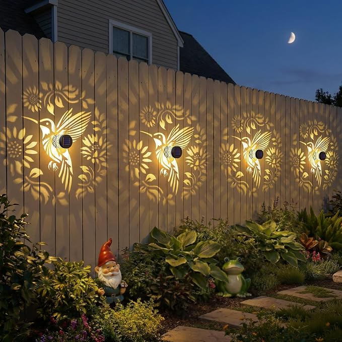 2 Pack Solar Fence Lights Metal Solar Powered Outdoor Wall Deck Step Lights Hummingbird Floral Theme Waterproof Fence Light for Garden Post Patio Backyard Yard Decor, Gardening Gifts for Women Mom