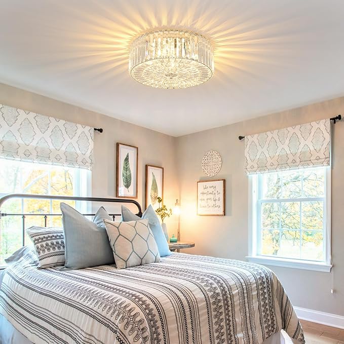 17.5" Large Crystal Ceiling Light, 4-Lights Flush Mount Crystal Ceiling Light, Chrome Ceiling Lamp Modern Chandelier for Bedroom, Dining Room,Living Room, XDD007-4-CH