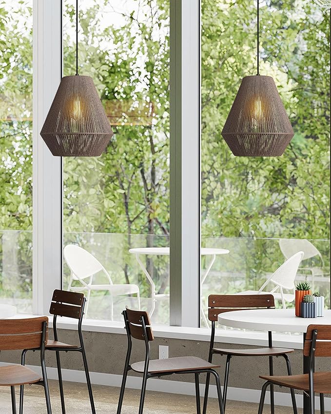 ELYONA 12” Woven Pendant Light for Kitchen Island Farmhouse Boho Hanging Lamp with Handwoven Rattan Basket Shade Adjustable Pendant Light Fixtures for Dining Room Bar Bedroom Foyer Hallway Dark Brown