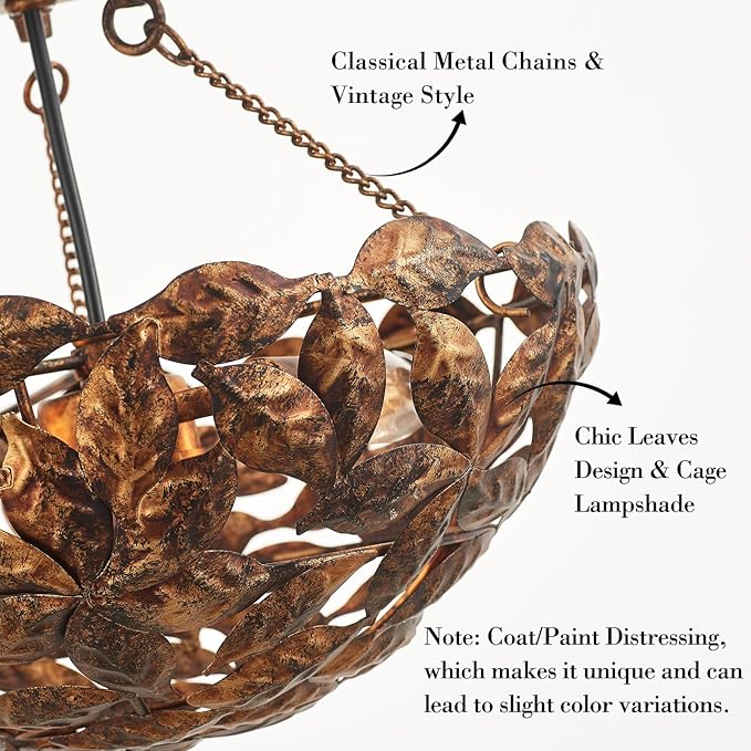 Vintage Flush Mount Ceiling Light with Leaves Design Shade, Dome Hallway Lighting Fixture, Industrial Light Fixture for Bedroom Entryway Kitchen Laundry