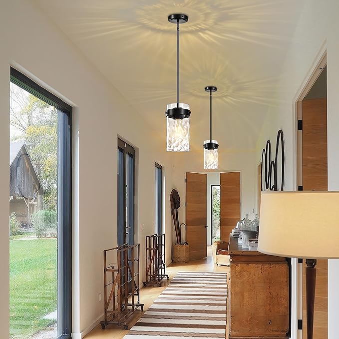4.72" Hammered Glass Pendant Lighting for Kitchen Island 2 Pack, Modern Black Pendant Light Fixtures, Adjustable Ceiling Pendant Light for Kitchen Island Dining Room Bedroom Hallway