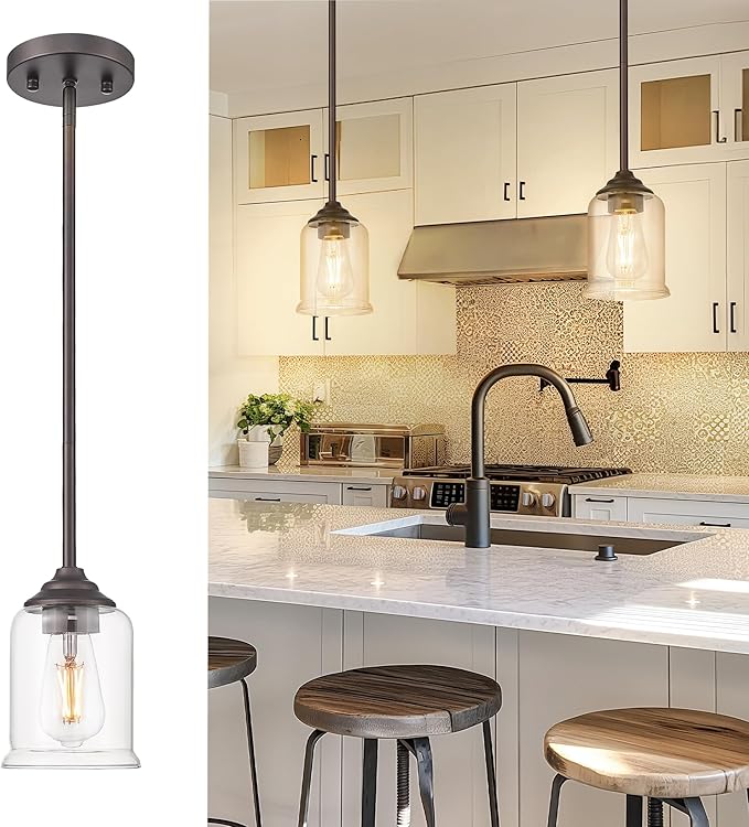 zeyu Farmhouse Pendant Light, 1-Light Pendant Light Fixtures for Kitchen Bedroom, Clear Glass Shade, Oil Rubbed Bronze Finish, ZSL104MIL ORB