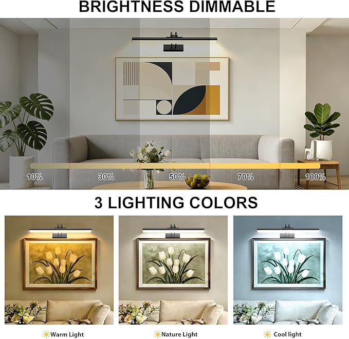 RAIFOOLLY Picture Light,Magnetic Wall Light,16inch Art Light,5000mAh Rechargeable Battery Accent Light with Remote Timer and Dimmable for Painting, Frame, Portrait, Artwork-Black
