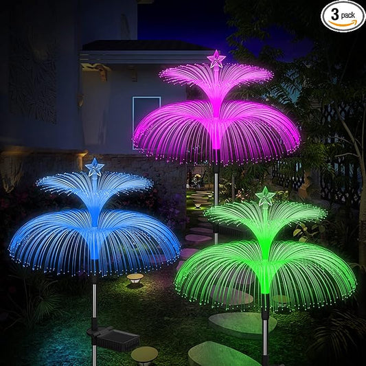 Weepong Solar Garden Lights 3 Pack New Upgraded Solar Lights Outdoor Waterproof 7 Color Changing Double Jellyfish and Star Flower Garden Decor Yard Lawn Christmas Outdoor,Gifts for Mother's Day Women