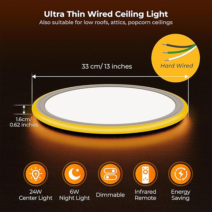 BLNAN 2Pack LED Flush Mount Ceiling Light Fixture with Night Light, 13inch 24W 2400LM 3000K/4000K/6500K Selectable, Dimmable LED Ceiling Lights for Bedroom, Dining Room, Kitchen, Round White