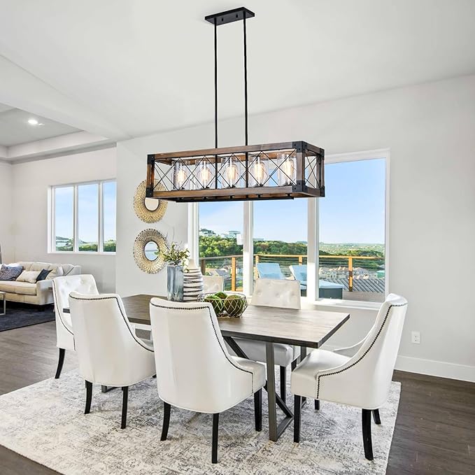 Farmhouse Kitchen Island Lighting, 5-Light Dining Room Light Fixture Over Table, Rustic Wooden Rectangle Chandelier, Pool Table Pendant Light Fixtures with Clean Glass Shade