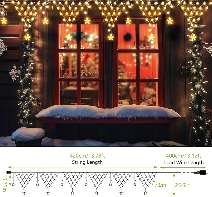 Ramadan Lights Outdoor Decorations 218 LED 13.8ft Star Curtain Fairy Lights with 12 Drops, Clear Wire LED String Light Decor with 8 Modes for Wedding Party Holiday Christmas Home Indoor Outdoor Decor