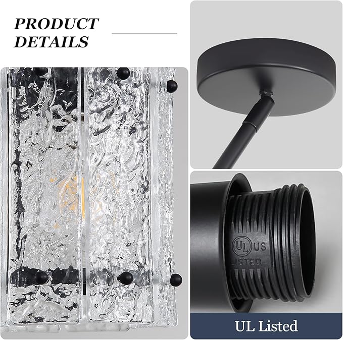 Black Glass Pendant Lights Kitchen Island, Water Ripple Round Pendant Lights Adjustable Modern Hanging Pendant Light Fixtures for Kitchen Island Dining Room Above Sink Foyer Entryway 2 Pack