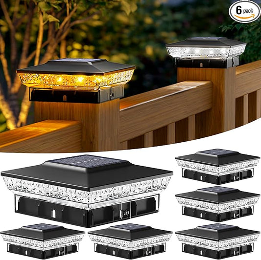 btfarm 4x4 Solar Post Cap Lights Outdoor, 2 Modes 16 LED Deck Fence Post Lights, 6 Pack Waterproof Solar Powered Lighting Outside Fit 4x4 3.5x3.5 Wooden/Vinyl for Porch Patio Garden, Black