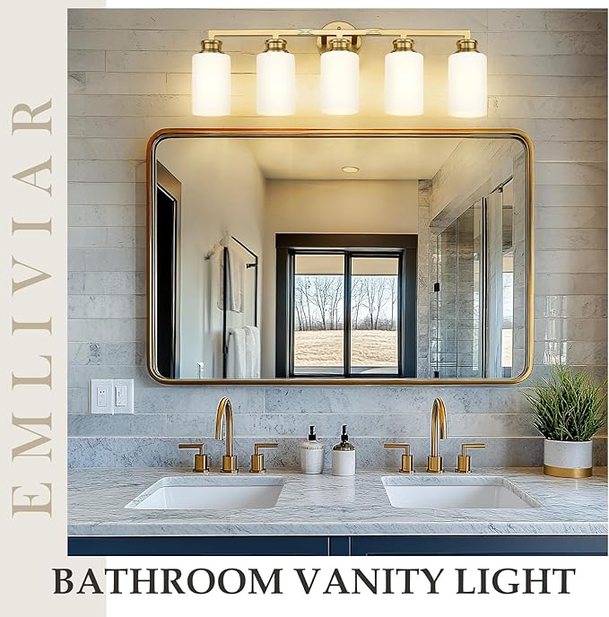 Emliviar Bathroom Vanity Light Fixture Brushed Gold, 5-Light Bathroom Lighting Fixture Over Mirror with Milk White Glass Shade, YCE253B-5W BG