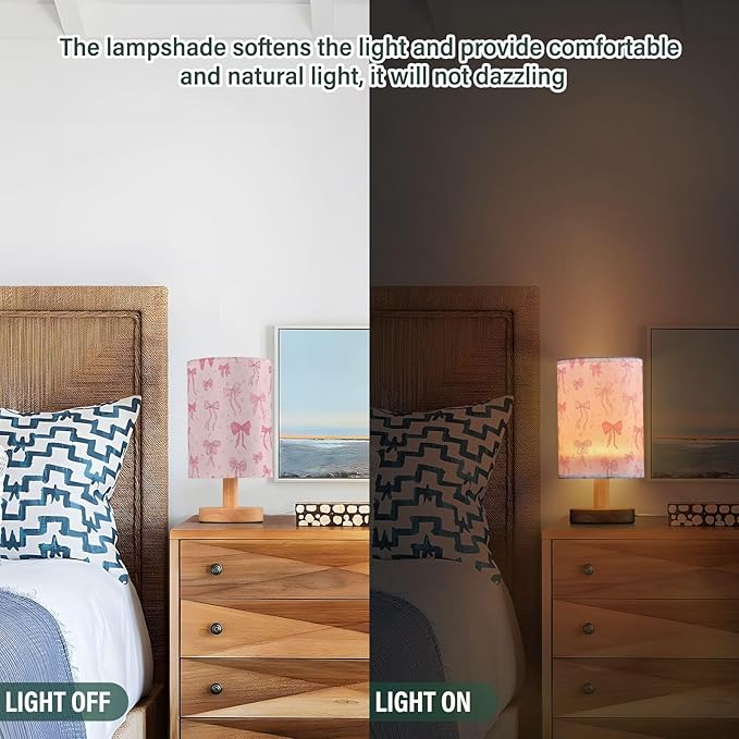 Aslsiy Cute Coquette Ribbon Bow Bedside Table Lamp Pink Star Nightstand Lamp Night Light Fabric Shade for Bedroom Living Room Home Office