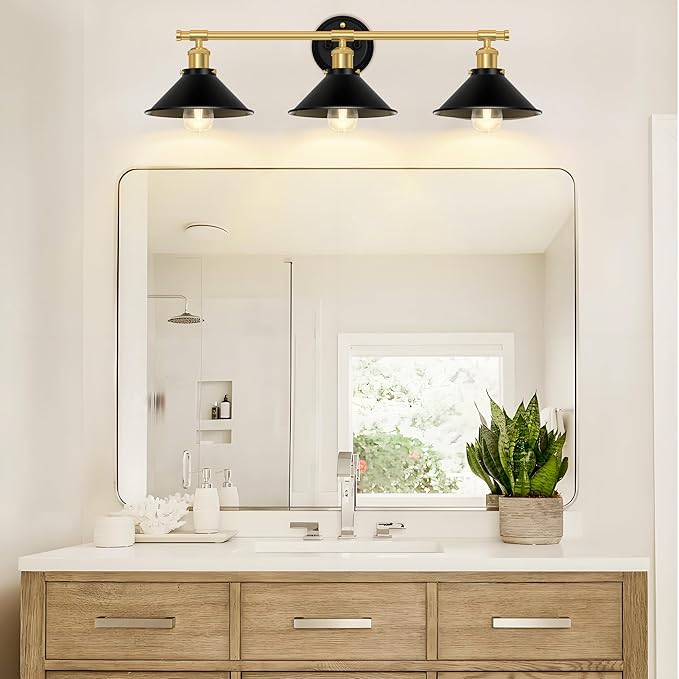 Licperron 3-Light Black and Gold Bathroom Lighting Fixtures, Farmhouse Vanity Wall Lights Over Mirror with Metal Shade, Indoor Bathroom Wall Mounted Lamp for Cabinet, Living Room, Kitchen