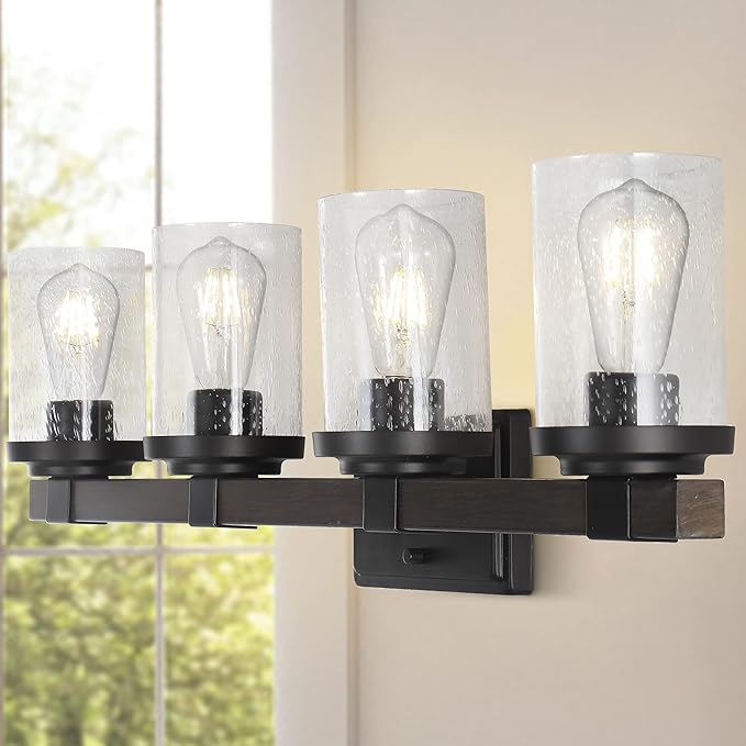 JONATHAN Y 32" Oil Rubbed Bronze LED Vanity Light, Rustic Farmhouse Sconce, Clear Seeded Glass Shade, Industrial Wall Lamp for Bathroom Mirror, Kitchen Sink, LED Bulb (JYL7510A)
