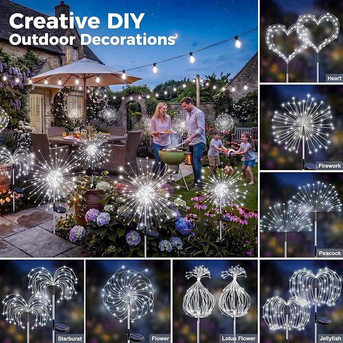 btfarm 4 Pack 120 LED Solar Garden Lights Outdoor, 8 Modes Firework Lights Solar Powered, Waterproof Twinkle Fairy Light Outside for Yard Patio Pathway Pool Christmas Party Decorative, Cool White