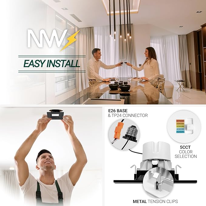 NUWATT 4 Pack, Black 4 Inch LED Ceiling Light Square Retrofit Can Light, 5CCT 2700K/3000K/3500K/4000K/5000K Selectable, 750 Lumens, 11W, Dimmable, ETL ES JA8 T24 Compliant, Wet & IC Rated