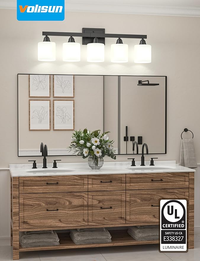 VOLISUN Matte Black Bathroom Light Fixtures, 5-Light Bathroom Vanity Lights Over Mirror, Modern Vanity Light for Bathrooms, Bathrooms Lights Fixtures Over Mirror with Milky White Frosted Glass Shades
