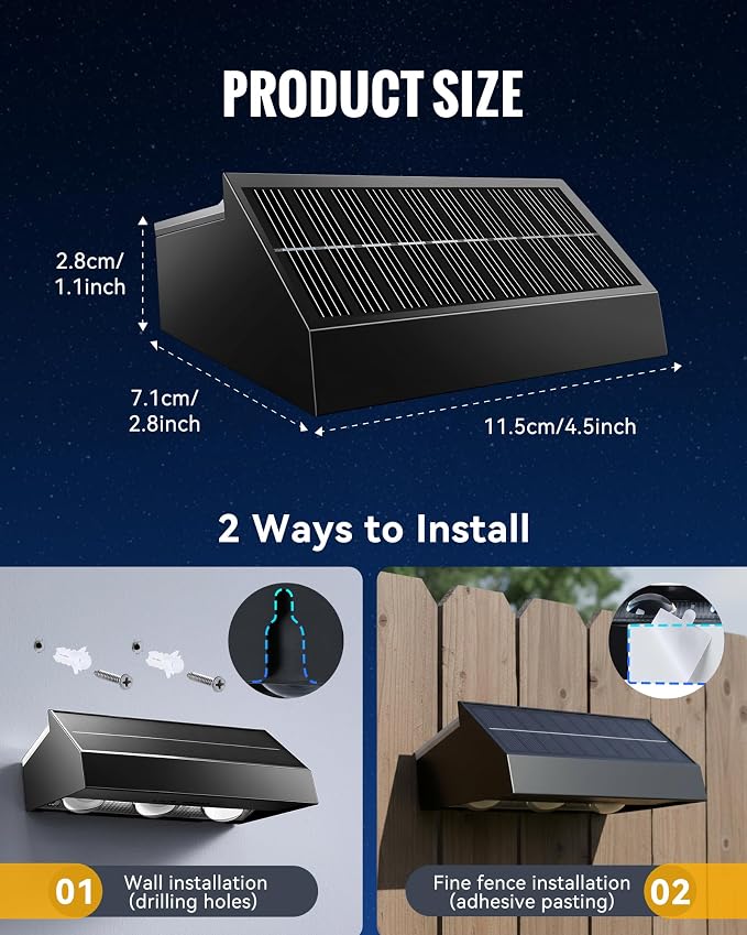 Solar Fence Lights Outdoor 12 Pack, 3 Modes & 10 RGB Colors, Up and Down Fence Lights Solar Powered for Outside, Deck Lighting for for Backyard/Garden/Patio/Garage Wall Decor