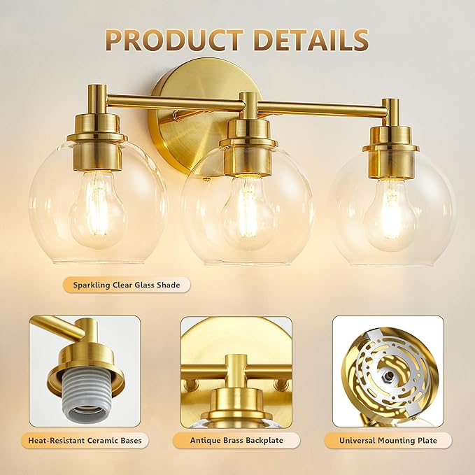 Gold Bathroom Vanity Lights, 3-Light Wall Sconce with Glass Globe Shade, Vanity Lighting for Bathroom/Bedroom/Dressing Room, Vertical/Horizontal Mounted, E26 Bulb Base (Bulb Not Included)