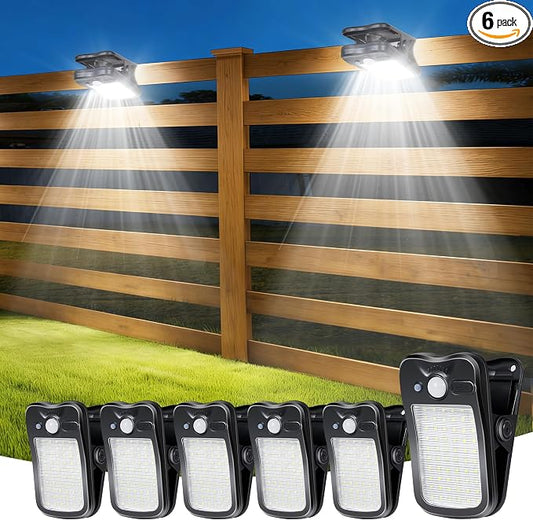 Clip on Solar Lights Outdoor, Solar Motion Sensor Lights Outdoor with Waterproof 3 Modes, 60LEDs 500LM Portable Security Light for Fence, Deck, Yard, Camping, USB Charging, 6 Black