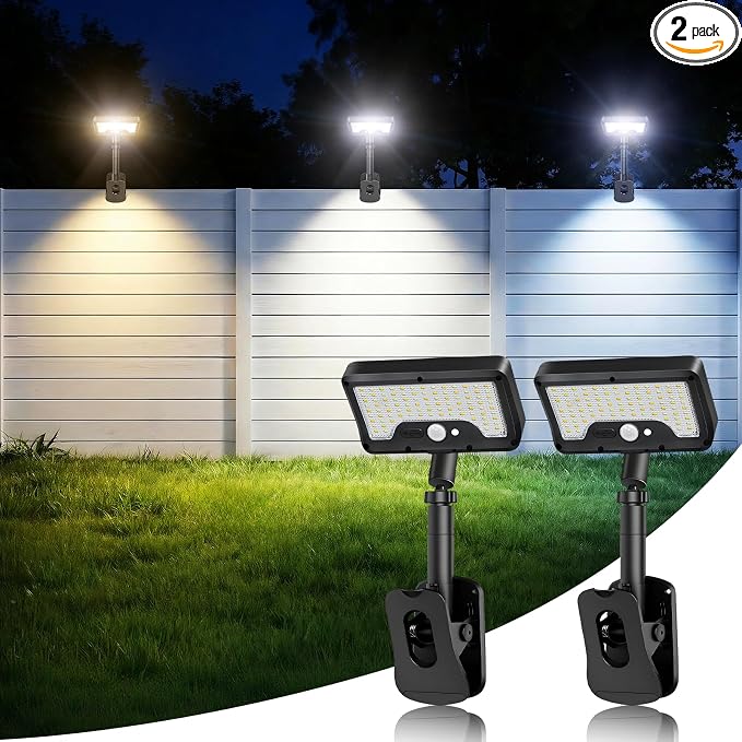 iMaihom Clip On Solar Lights Outdoor with Motion Sensor, 92 LED 600LM Solar Fence Lights, Warm/Neutral/Cool White, 360° Adjustable, IP65 Waterproof Security Light for Deck, Gutter, Porch (2, Black)