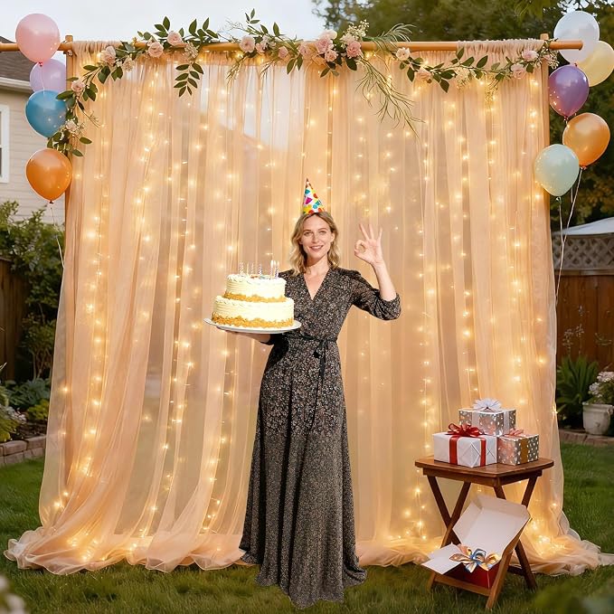 Ledido 10×8ft Black Tulle Backdrop Curtains with Lights String - 300LED Fairy Lights Sheer Curtain Backdrop for Wedding Baby Shower Photo Shoot Birthday Party Decoration(2 Panels 5×8ft)，Black