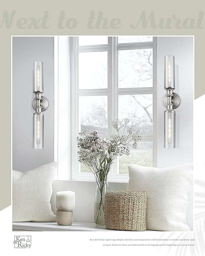 Ken & Ricky 24In Brushed Nickel Wall Sconces Set of Two,Bathroom Vanity Light Fixtures, Sconces Wall Decor Set of 2,Modern Wall Lighting for Mirror Living Room Bedroom Hallway