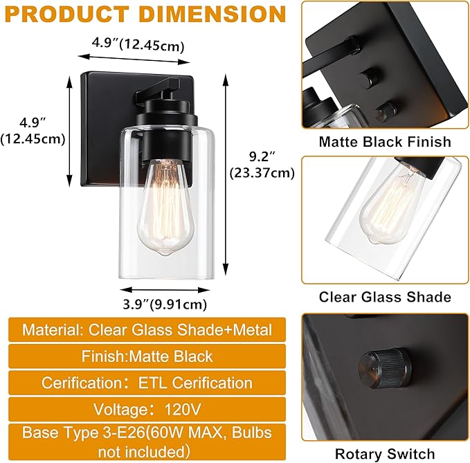 Pia Ricco Wall Sconces Set of Two, Bedside Wall Lamps with Rotary Switch for Bedroom, Modern Bathroom Light Fixtures with Clear Glass Shade, Black Sconces Wall Lights for Living Room, Hallway, Kitchen